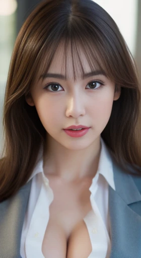 16k, HDR, Natural light, disorganized, Best Quality Masterpiece, Perfect anatomy very detailed face, fine eyes, 1 girl, nsfw, wearing a business suit, Open blouse, (medium round breasts), (open breasts), cleavage, medium Brunette hair, idols, shining eyes, full body shots 