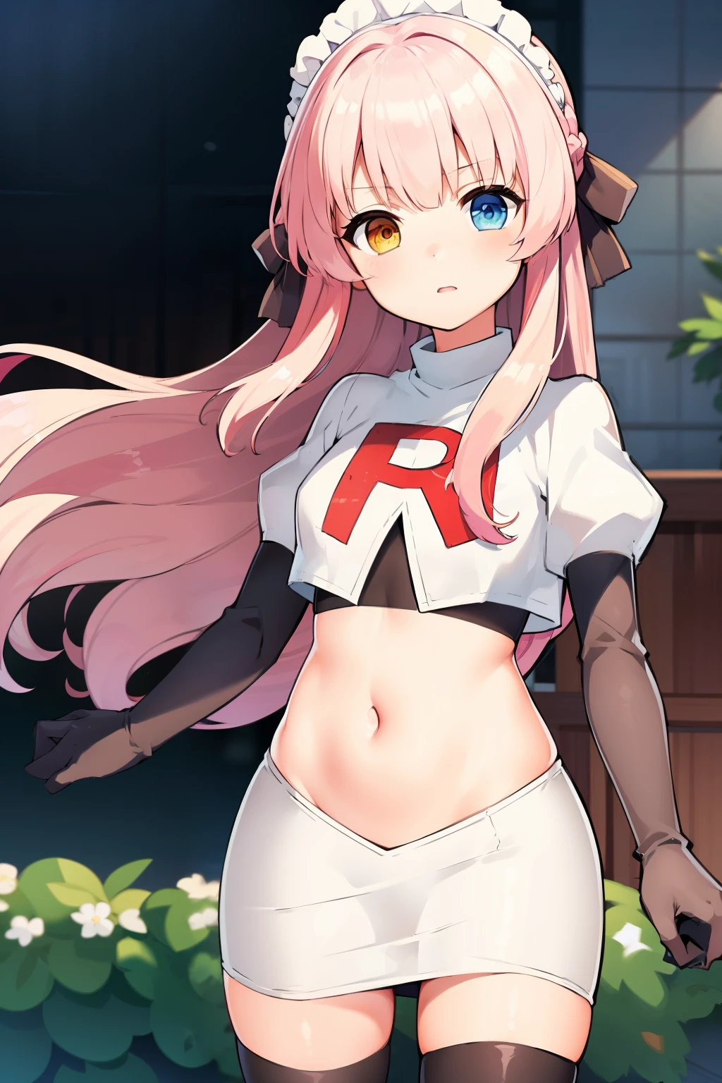 masterpiece, best quality, Eksistere Kyrenia (girl cafe gun),pink hair, long hair, hair bow, maid headdress, hair ornament, (yellow blue heterochromia:1.1), 1girl, solo, team rocket,team rocket uniform, red letter R, white skirt,white crop top,black thigh-highs,black elbow gloves,