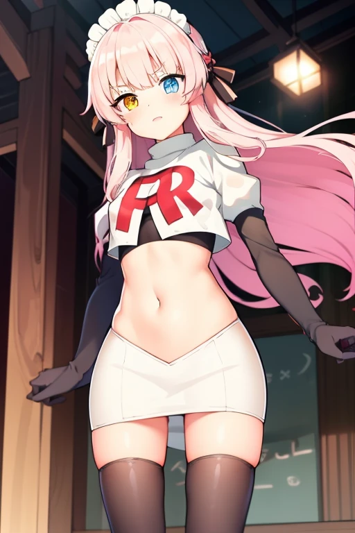 masterpiece, best quality, Eksistere Kyrenia (girl cafe gun),pink hair, long hair, hair bow, maid headdress, hair ornament, (yellow blue heterochromia:1.1), 1girl, solo, team rocket,team rocket uniform, red letter R, white skirt,white crop top,black thigh-highs,black elbow gloves,