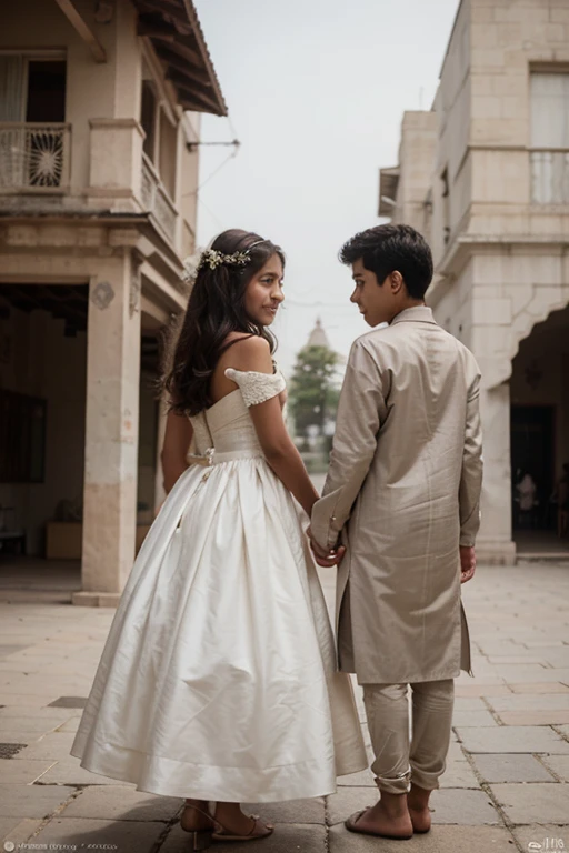Generate the first image of a 10-year-old hindu girl and muslim boy with Indian features who excitedly entered in temple , wearing a wedding dress gibli studio style, pixar.... 3d, cartoon, profile picture, like cute cartoon character