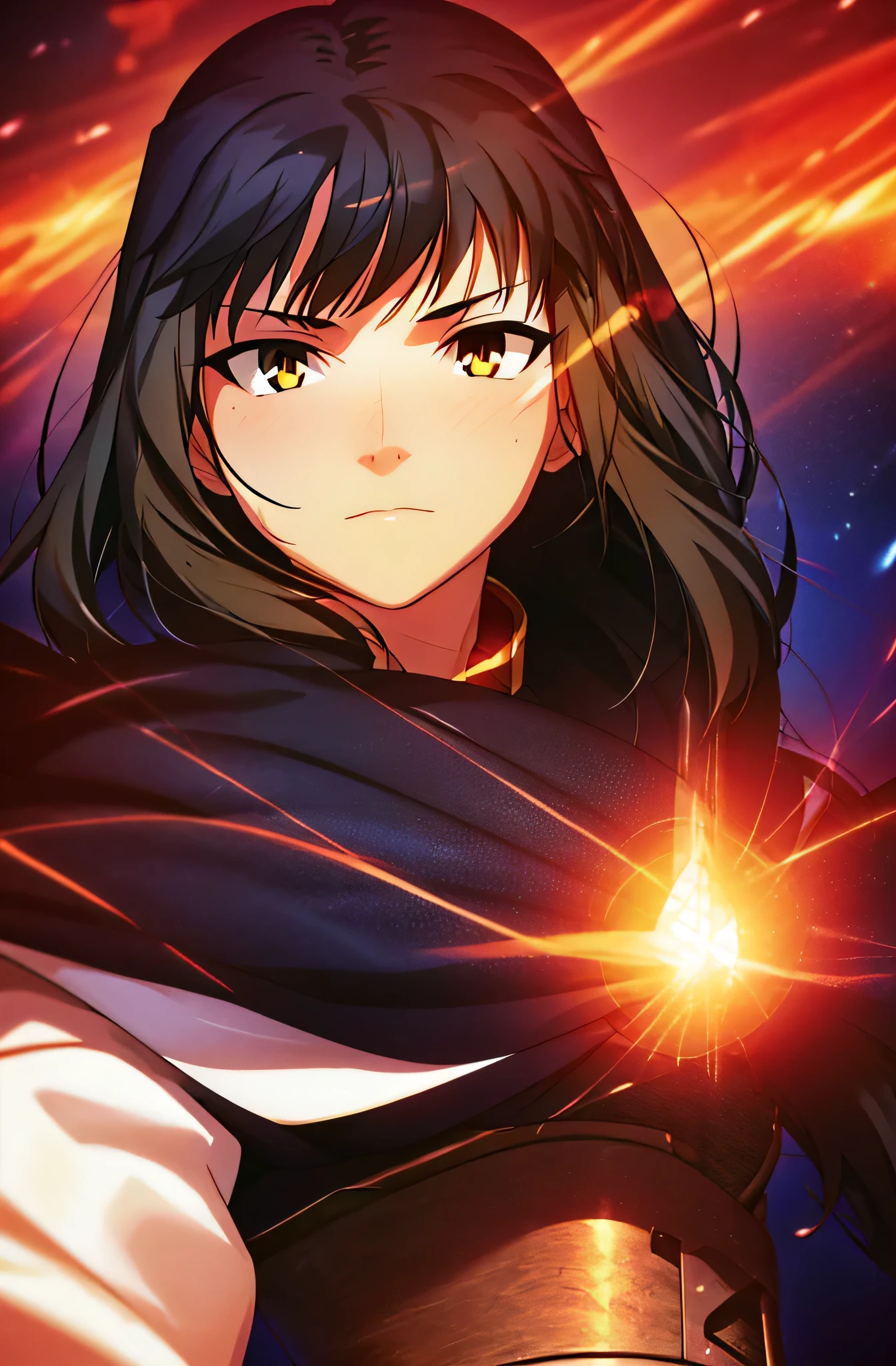 8k, masterpiece, highest quality, best quality, official art, beautiful and aesthetic, extremely detailed, (fractal art: 1.3), colorful, highest detailed, perfect face, athletic upper body, HDR, sexy, wide hips, athletic figure, Detailed face, Detailed eyes, brown eyes, perfect face, perfect eyes, ( 1mal, 1knight, slim waist, handaome face, pretty face, long brown hair, sharp jawline, tannned skin, sharp jawline, browm eyes, light armor, hero suit, black lipstick, black eyeshadow, brown hair, wolf cut