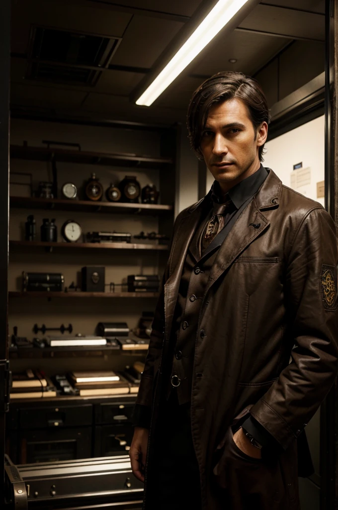 A men wearing dark Steampunk doctor style mixed Pilot outfit