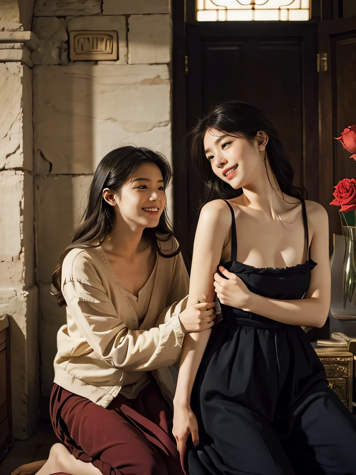 Giorgione painting style,Arguments of two female Philosophe,math、astronomical machine、astronaut、roses in vase、fruits、Cute trinkets、smile、ancient greek costume、Ancient Roman landscape in the style of Nicolas Poussin,laughter,,Sweet and seductive appearance.、Caravaggio's paintings、Chiaroscuro of Caravaggio、hair tousled by the wind,Two women frolicking,cute smile, expression of ecstasy,Sexy,erotic