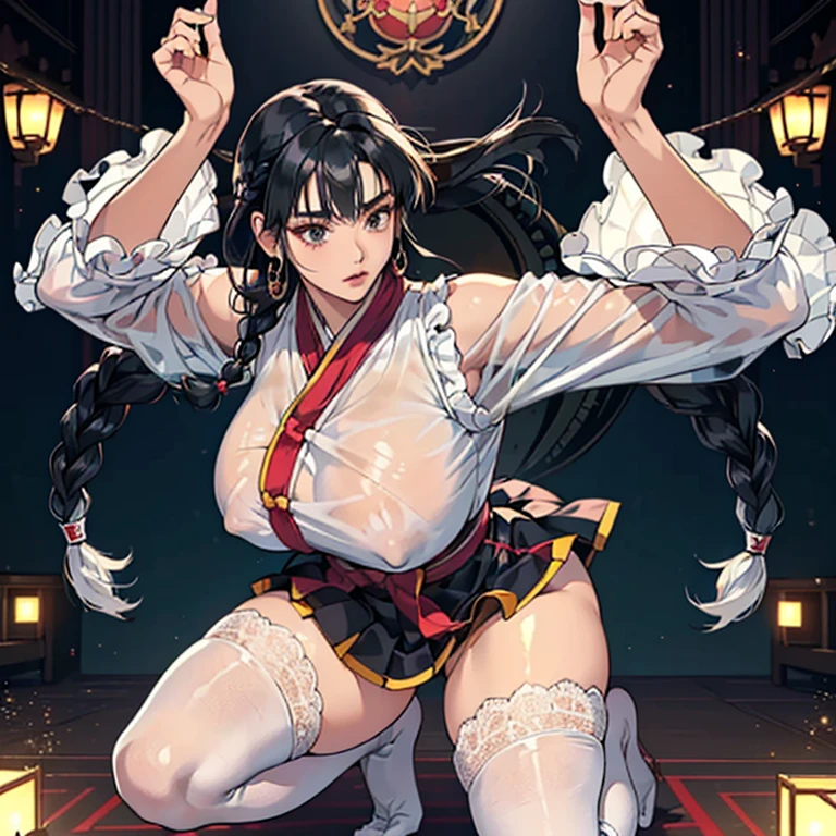 (anime moe style)),((game CG)),(masterpiece),(highest quality), (Super detailed),shape,((very delicate and beautiful)), ,sharp look,looking at the viewer,(((24 year old female)),((whole body)),detailed face and eyes,Intense eyes like jewels,(loosely braided long hair),,,(super huge breasts,long and slightly saggy breasts,nipple) plump body black hair, black eyes Dancer, semi-transparent clothing, dynamic dancer, super mini skirt, dancer outfit, Kagura, semi-transparent lace fabric, gorgeous jewelry, black knee socks, sumo stance, legs spread, knees bent