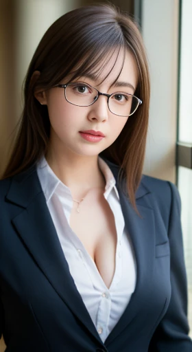 16k, HDR, Natural light, disorganized, Best Quality Masterpiece, Perfect anatomy very detailed face, fine eyes, 1 girl, nsfw, wearing a business suit, Open blouse, (medium round breasts), (open breasts), cleavage, medium Brunette hair, idols, shining eyes, glasses, full body shots 