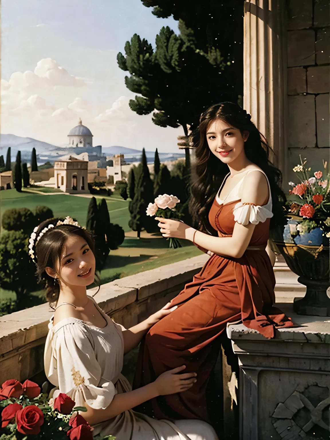 full body portrait or statue、Giorgione painting style,Arguments of two female Philosophe,math、astronomical machine、astronaut、roses in vase、fruits、Cute trinkets、smile、ancient greek costume、Ancient Roman landscape in the style of Nicolas Poussin,laughter,,Sweet and seductive appearance.、Caravaggio's paintings、Chiaroscuro of Caravaggio、hair tousled by the wind,Two women frolicking,cute smile, expression of ecstasy,Sexy,erotic 
