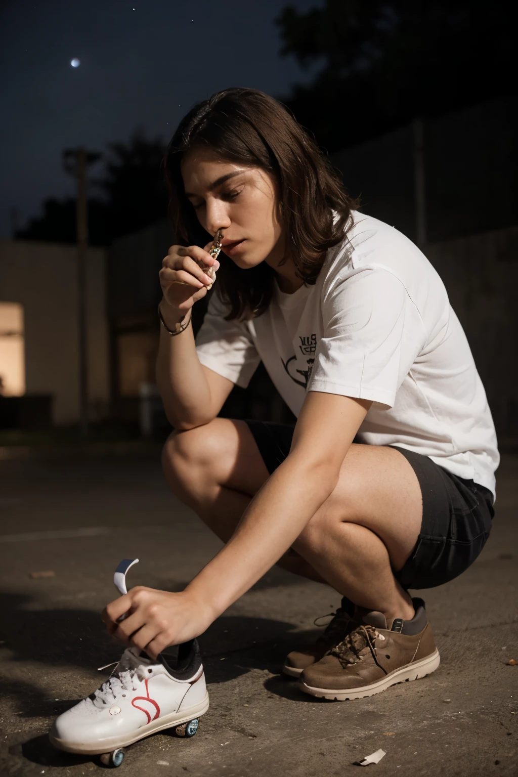 Menino skatista, fumando a noite pensativo 
