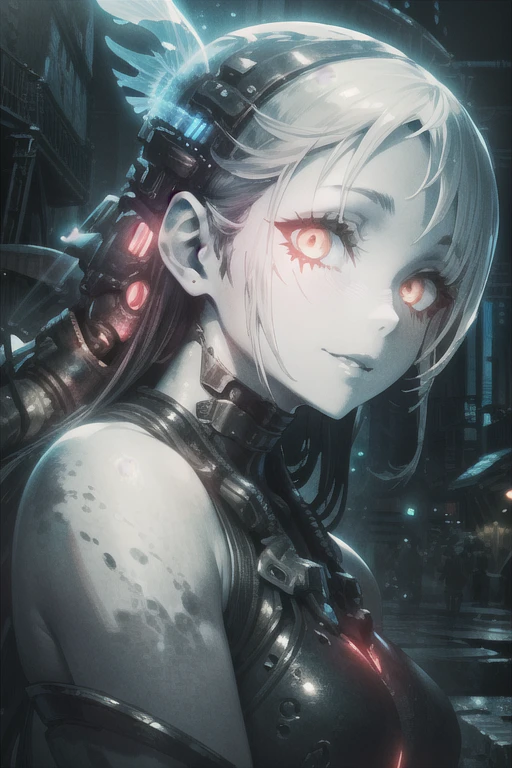 (BioPunk Monster Girl:1.6), (Glowing scarlet eyes:1.4), (Translucent pale skin:1.8), No humans, Beautiful eyes with fine symmetry, bio body, (fluttered detailed color splashes:1.4), (Intricate details:1.2), (Highly detailed face and eyes:1.2), (Super detailed skin quality feeling:1.4), (Moist skin:1.2), No makeup, (dark circles:1.1), long canines, midnight aura, Creation of fantasy, (Fractal Art:0.8), (photos realistic: 1.4), Thrilling color schemes, seductively smiling, posing for a photo, side view