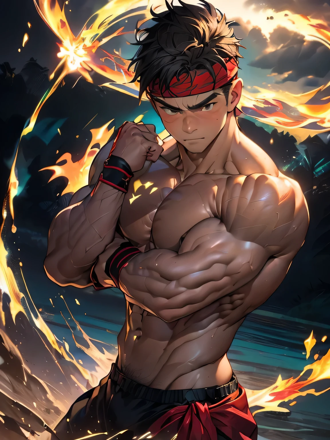 (Masterpiece, Best quality 19 year old boy, black background), solo, Young, boy, muscler, Shirtless, topless, (Dark Short straight hair, under cut, brown eyes), (red headband, ((black wristband))), Vivid colors, (hot Abs:1.2, abs!, big abs, big breast:1.2, chest!, muscler upper arms, clenched fist), (topless male), muscler!, muscler body, Man with martial arts stance, (aura power:1.4), detailed face, detailed muscle, (((A magical turquoise mystical aura, random fighting pose, powerful, action, rippling muscles, fighting with great fury against enemy, concentrate)))