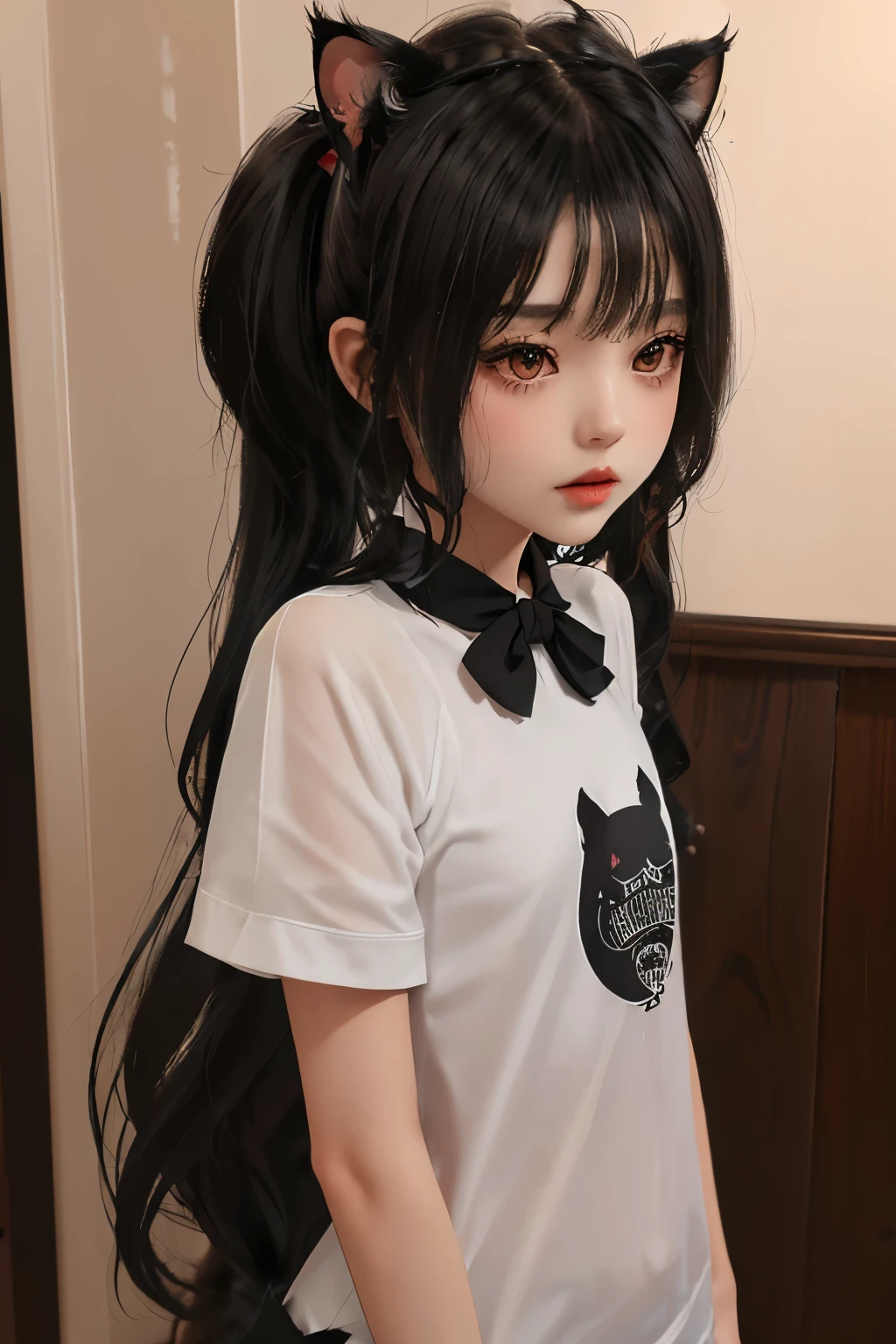 ,((long hair slightly wavy slightly past the shoulders, black bangs, small black pigtails on the sides, cute cat ears, beautiful thin red eyes,)),1 chica,ropa interior,muslos,bragas,enfermero,enfermero cap,pechos gigantes,tiene,wariza,medias de red,ombligo,ropa abierta,session,camisa abierta,white bragas,prado,brazos_Behind_Back,
