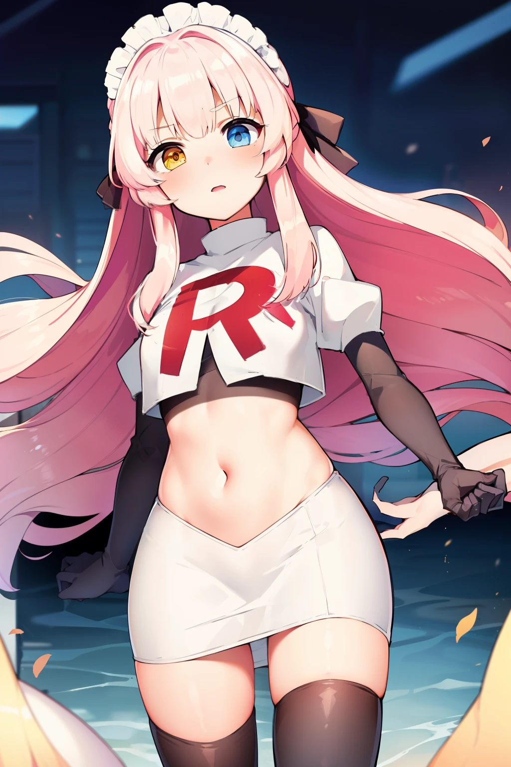 masterpiece, best quality, Eksistere Kyrenia (girl cafe gun),pink hair, long hair, hair bow, maid headdress, hair ornament, (yellow blue heterochromia:1.1), 1girl, solo, team rocket,team rocket uniform, red letter R, white skirt,white crop top,black thigh-highs,black elbow gloves,