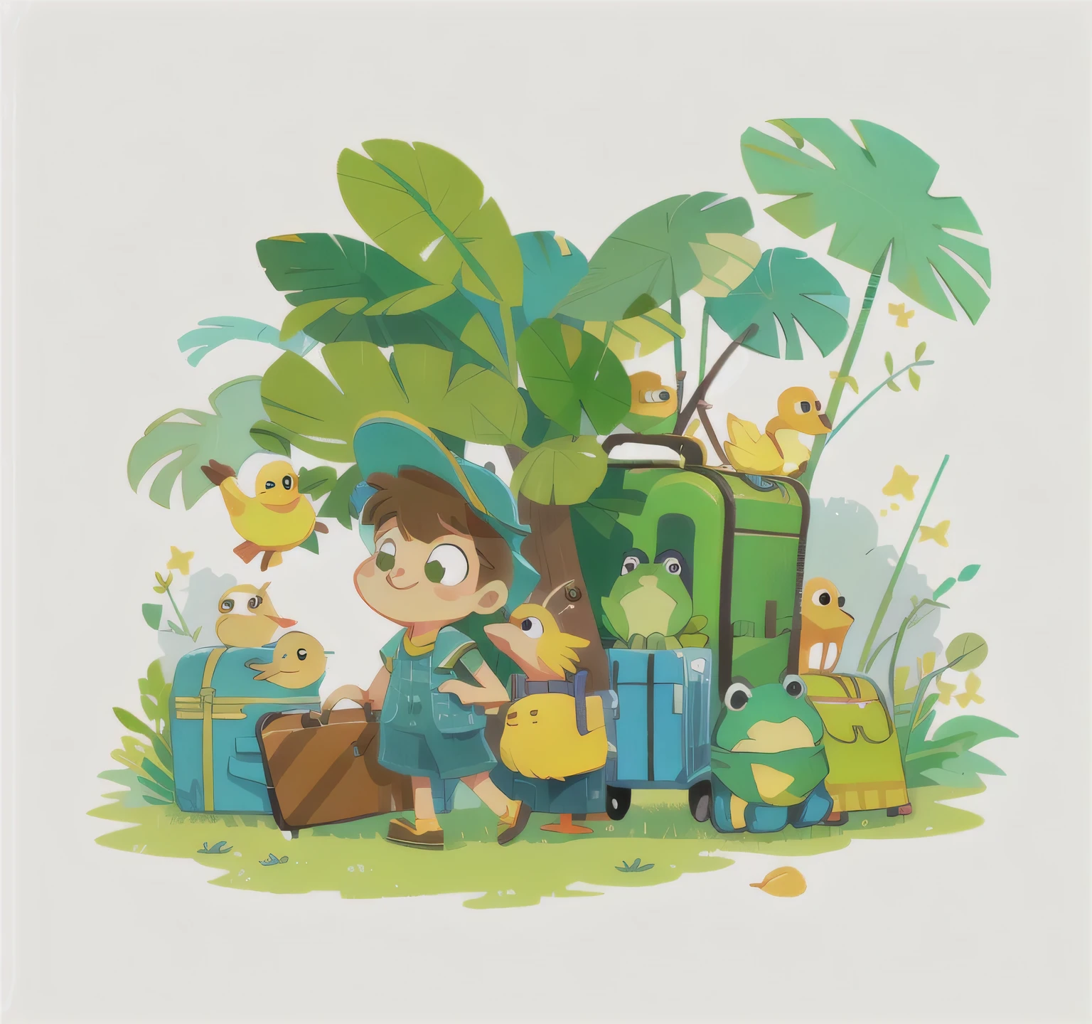 A little yellow duck holding a suitcase, In the cute sketch style of a traveling frog,Happily exploring the unknown world.