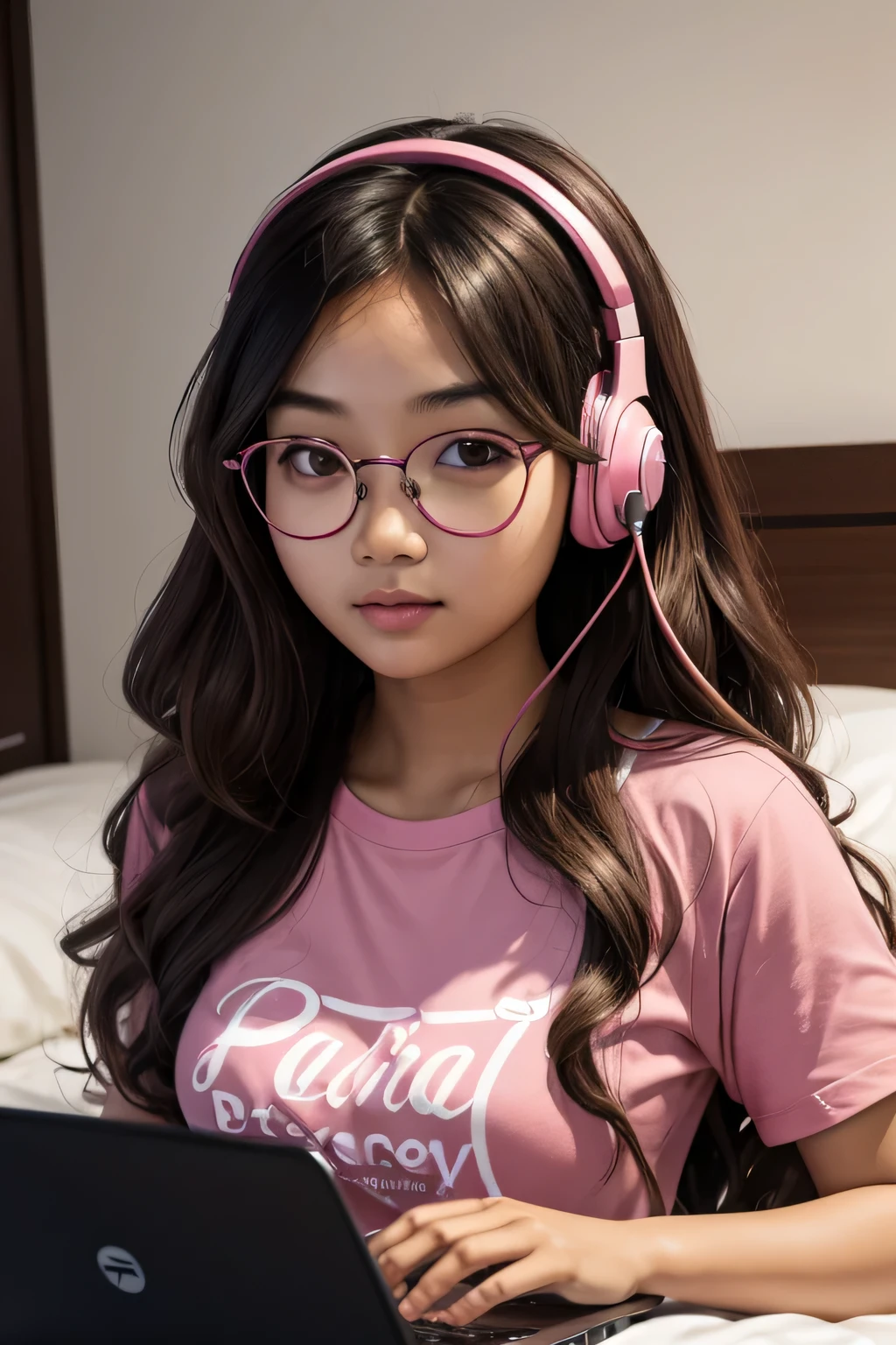 Detailed face of half body photo. 25 year old Indonesian girl with a sweet face, big round face and long brown wavy hair, round glasses, wearing a strict pink T shirt, with a pink headset playing with a laptop on a luxurious bed in a luxurious room with a scared facial expression
