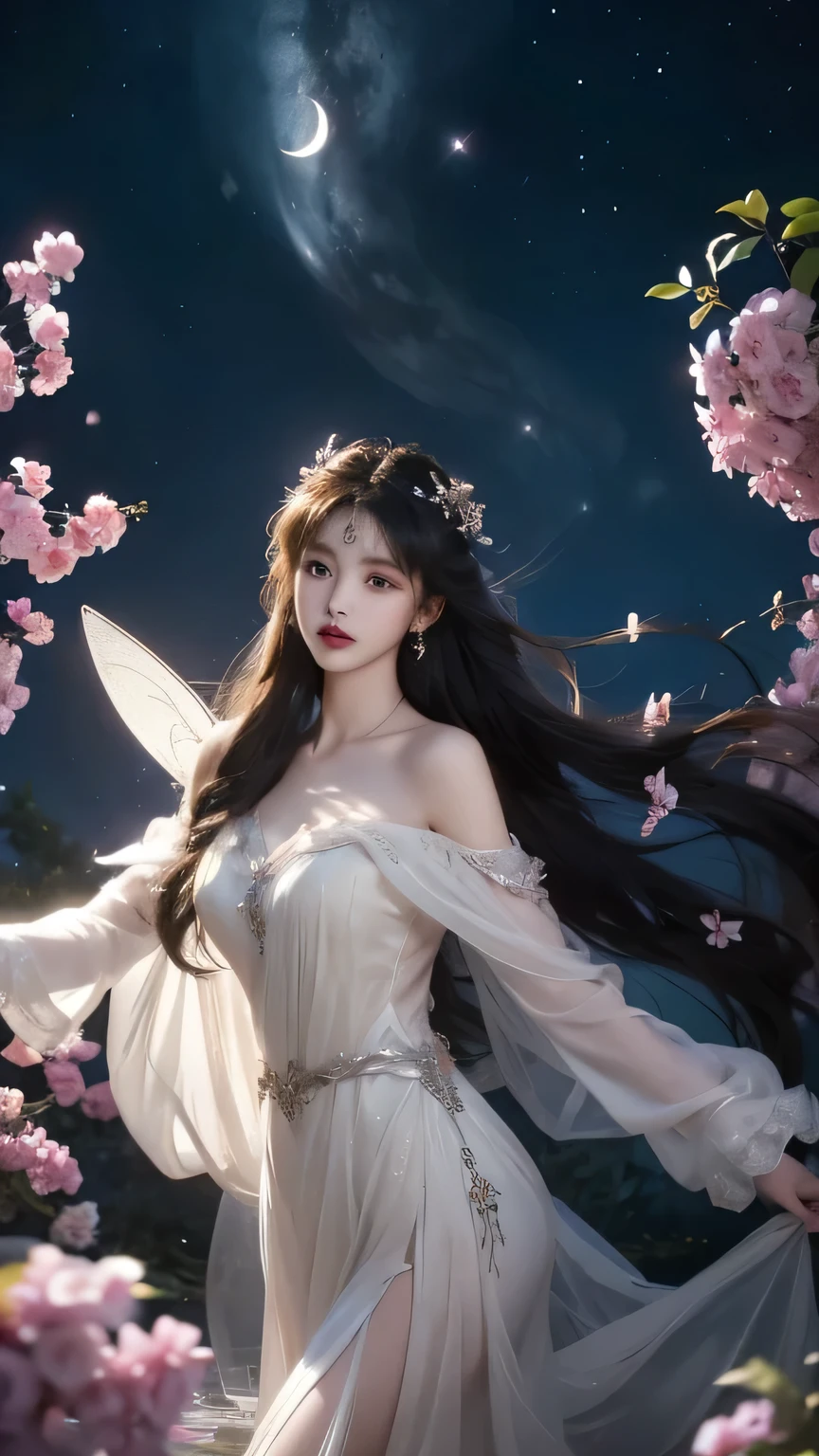 (masterpiece, best quality:1.2), 1 girl, alone, ((off shoulder clothes)), deep in wonderland,The moonlight falls like water,foggy room,The heroine's figure is vaguely visible,Like a fairy in a painting,Slender sexy legs,very beautiful legs,Exposes a sexy,big breasts,Beautiful with a hint of mystery。Her face is beautiful and delicate,Like a finely carved jade,Showing extraordinary beauty。Picturesque eyebrows,The waves in my eyes are like twinkling stars,Show the light of perseverance and wisdom。The bridge of the nose is straight,Lip color like cherry,The slightly raised corners of the mouth reveal confidence and calmness。her face is chiseled,Skin as fair as jade,Reveal a healthy glow,like a fairy, She never eats fireworks in this world。Her makeup is light and delicate,Not too much embellishment,But enough to show her temperament and charm。Light foundation highlights the translucence of the skin,A light eyebrow pencil outlines her perfect eyebrow shape,Eye makeup is eye shadow and eyeliner,Make her eyes brighter and more energetic。Lips painted with grace lipstick,Add a touch of charm and sophistication。Her clothes are graceful and chic,Clothes fluttering,It seems like it will be blown up by the wind at any time,drifting into the distance。Without losing grace,Also showed off her extraordinary skills。Swinging with her movements。Her hair is tied back casually,Secure it with a hosta,A few strands of hair flutter gently in the wind,Adds a bit of softness。Her figure is looming in the fairyland,宛如一道Big breastsbeautiful的风景线,Attracted everyone's concern。She seems like a fairy in wonderland,Big breastsbeautiful、grace、mystery、and full of power。