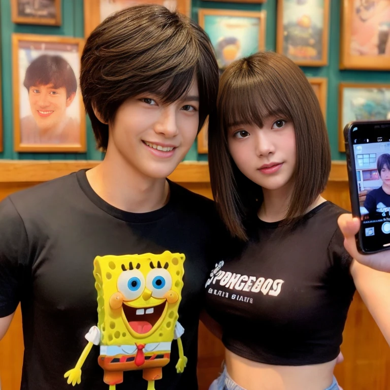 Very realistic, handsome Indonesian man, short hair, black t-shirt with the image "Spongebob" holding 🍆, taking a photo together, Japanese woman, bob hairstylist, black cropped singlet that says "Maria Ozawa" Japanese restaurant in the background
