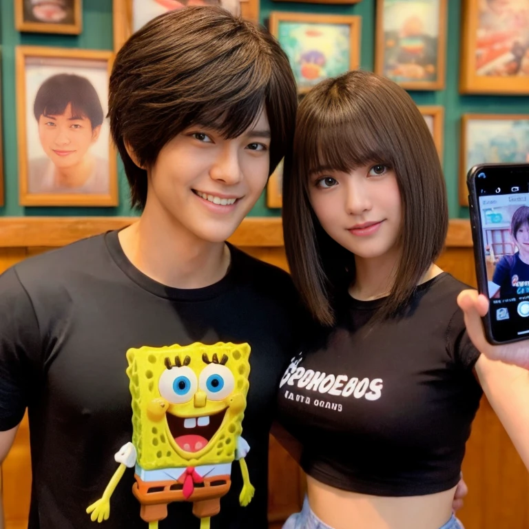 Very realistic, handsome Indonesian man, short hair, black t-shirt with the image "Spongebob" holding 🍆, taking a photo together, Japanese woman, bob hairstylist, black cropped singlet that says "Maria Ozawa" Japanese restaurant in the background