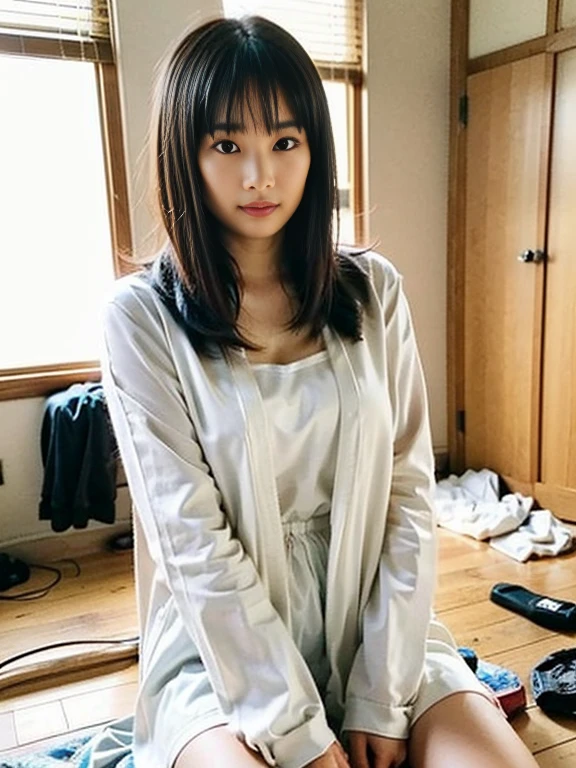 ((最high quality、8K、masterpiece、Portrait:1.3)), (ambient light:1.5), (bounce writing:1.8) ,H Photorealistic, sharp focus, high quality, HDTV, solo, Japanese, woman, Beauty like an actress, live alone、Midsummer、High temperature、high humidity、(Lower school year:1.5)、(Poor life:1.2)、I can see the cleavage, 15 years old, lean and toned body:1.5, small breasts:1.5, (sloppy body:1.2)、wavy hair, wrinkles around the eyes, I don't have money to buy clothes、Being naked、naked people、((show your pussy:1.5)), (cluttered background, messy room: 1.5)、woman用衣類が乱雑に散らかっている、(Old house in Japan:1.2), evening light、((((She wants to take off all her clothes、It's so hot I don't want to wear anything、naked people))))、(Lying on your back with your legs spread while look in front of you eyes), ((She wants to show me her pussy:1.5、I want you to see、It's her own will))、cleavage、spread your legs:1.5、vaginal opening、clitoris、anus、Lower school year、poor、Vile、long shot , (outdoor), bright background, sunset light