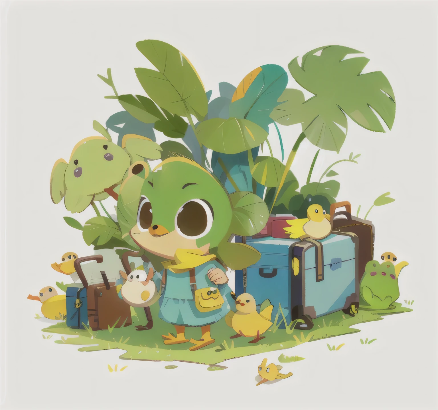 A little yellow duck holding a suitcase, In the cute sketch style of a traveling frog,Happily exploring the unknown world.