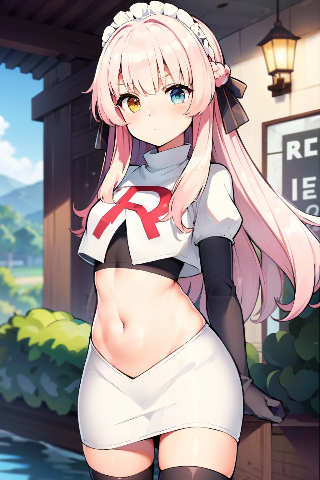 masterpiece, best quality, Eksistere Kyrenia (girl cafe gun),pink hair, long hair, hair bow, maid headdress, hair ornament, (yellow blue heterochromia:1.1), 1girl, solo, team rocket,team rocket uniform, red letter R, white skirt,white crop top,black thigh-highs,black elbow gloves,