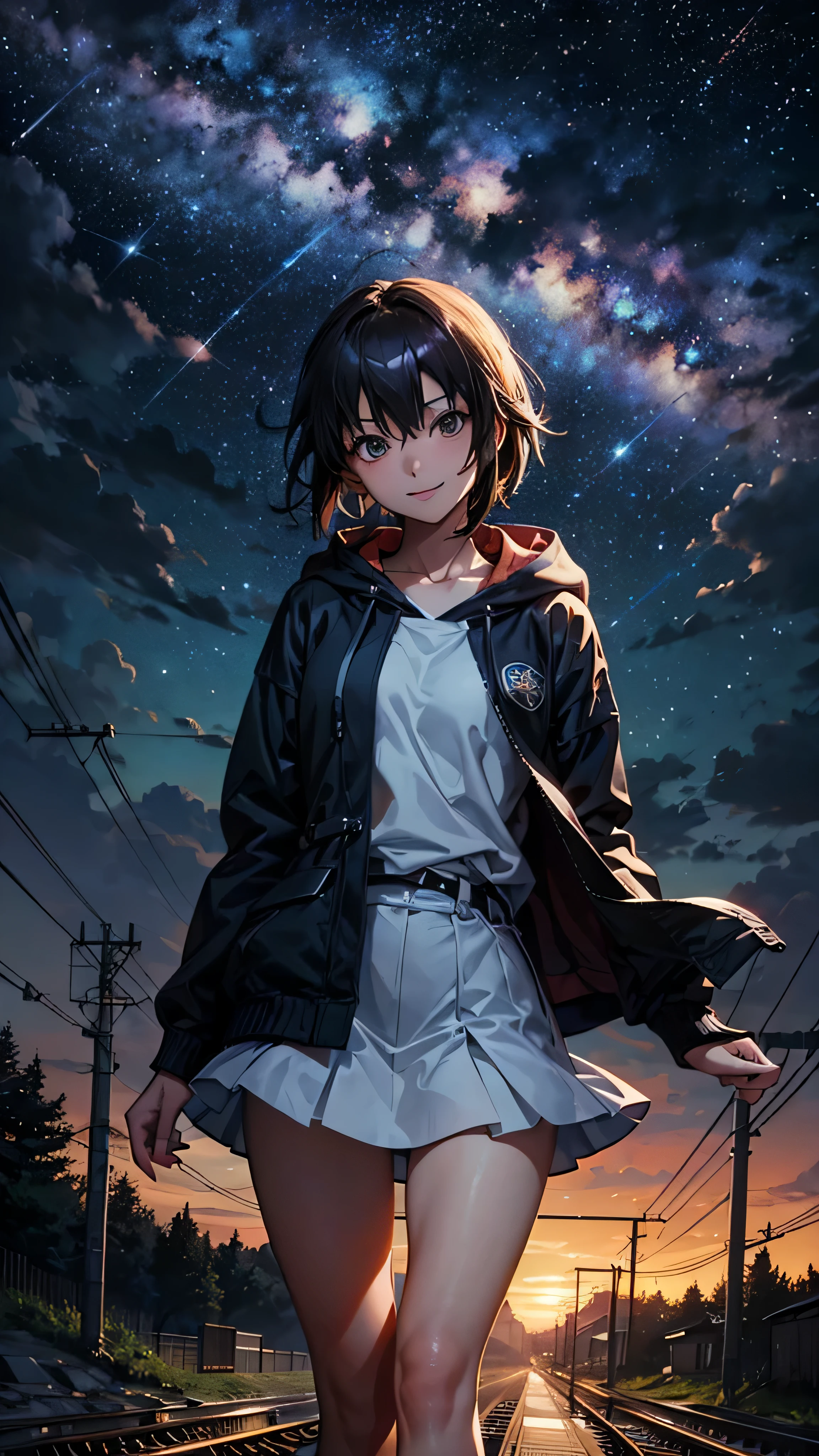 expensive、expensive quality， master piece ，1 girl,smile,(wearing a miniskirt:1.2),Cabellos Preto e Longo Trimmed Hooded Long Coat，landscape，The train passes through a body of water on the tracks， shining starry sky。romantic train，pixiv，concept art，Lopfe's Art Style， Lofiato, beautiful anime scene, anime landscape, Detail – Width 672, Makoto Shinkai&#39;s style, Makoto Shinkai&#39;s style，Enhanced detail。