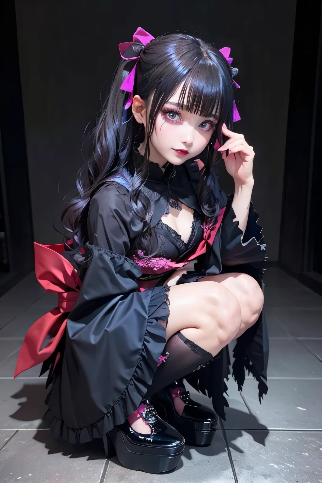 Hard dark gothic makeup, black dark eyeshadow, crying, sad, skin shine good, dark gothic makeup, dark smile, fragrant beauty, shy look, dark gothic, top quality, drunken face, purple banga kimono, mysterious, super sexy, loving smile, twin Tail hair, jet black ruffled skirt, right blue eye, left eye red, hands on hips pose, super glamorous pose, platform heel shoes, dark makeup, black lipstick, black metal world, legs loosely open, make the world beautiful, standing, gothic ta outfit, combed hair, slightly slender, silver hair, long straight hair, cute gothic loliimono dress, beautiful face, elegant face, bewitching face, knee-high socks, chest is shiny with sweat, room is dark, gothic kimono, bell sleeves, wizard sleeves, embroidery is pink, pink embroidery on the costume The room is dark, gothic kimono, bell sleeves, wizard sleeves, embroidery is pink, costumes have pink embroidery, si high socks, kneeling, knee high socks,, sweating a lot, thighs are shiny..., sweating a lot... She is in a rock style room, slender body, gentle expression, deep black eye shadow, thighs are a little thin....