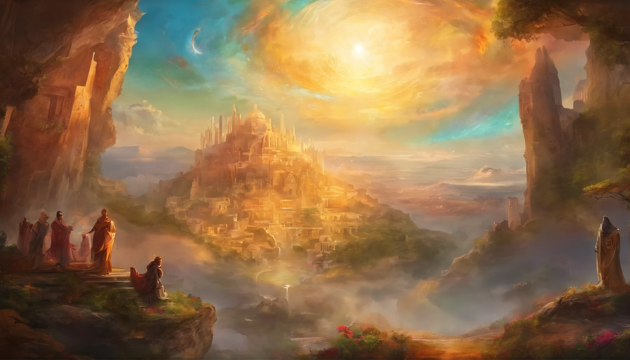 God descends from the sky, A breathtaking masterpiece, Ancient Roman city,a lot of people々,Bright colors, caravaggio, 8k