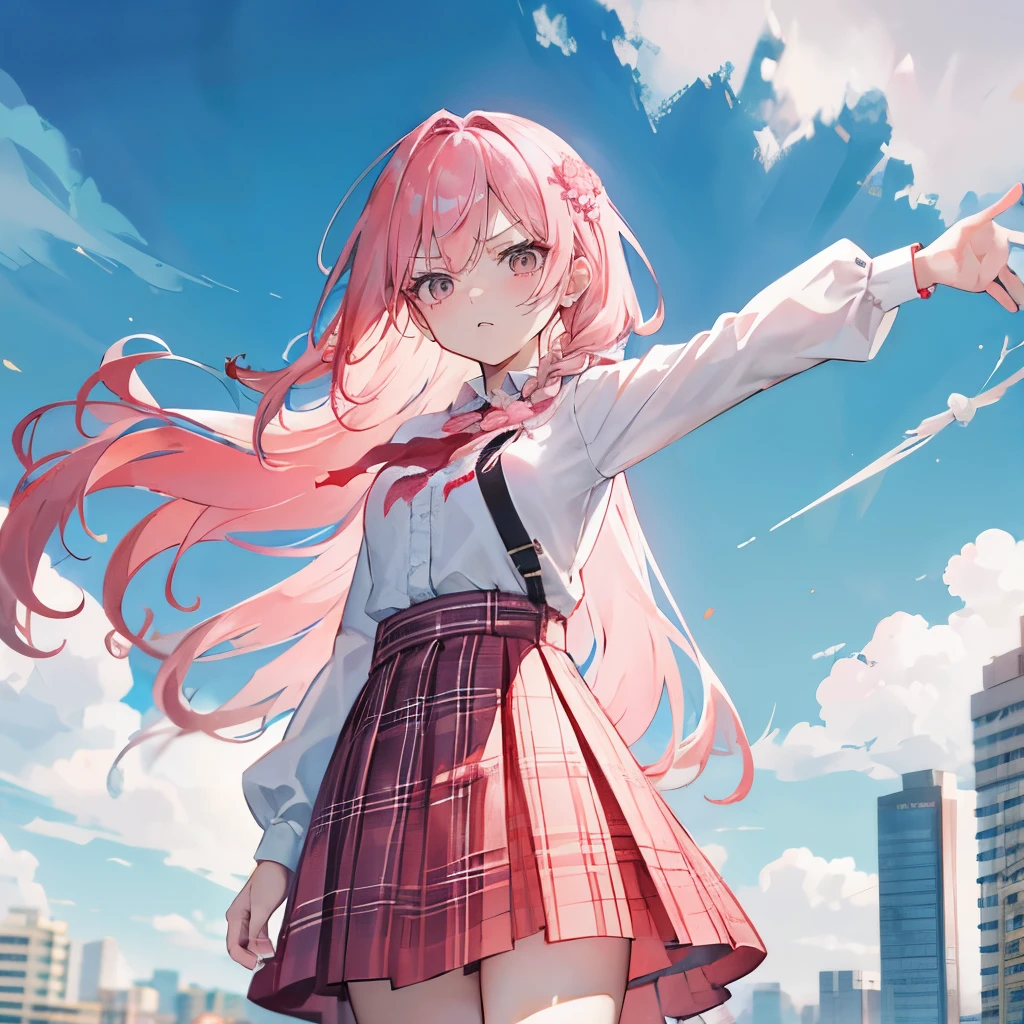 Coral Pink Hair，Not very long hair，Princess cut，There is a small braid，hair between eyes，，gray eyes，feather hair ornament，girl，cute，Plaid skirt，whole body照，whole body，Fingers and arms are not exposed，Background City，Blue sky and white clouds，Very angry expression，Angry look