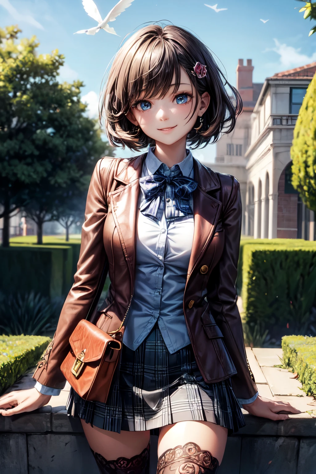 very cute and beautiful girl,(highly detailed beautiful face and eyes),(smile),happy,cowboy shot,
(brown jacket:1.12),collared shirt,plaid bowtie BREAK detailed legs,zettai ryouiki,brown shoulder bag,brown boots,
stylish pose,dynamic angle,hair ornament,black hair,(blue plaid mini skirt:1.2),arbor in rose garden,stone stairs,
(best quality,masterpiece:1.0),absurdres,highres,ultra-detailed,extremely detailed,32k,8k resolution,
intricate details,cinematic scene,detailed background,solo,dynamic angle,
solo,natural lighting,hair fluttering in the wind,beautiful detailed sky,