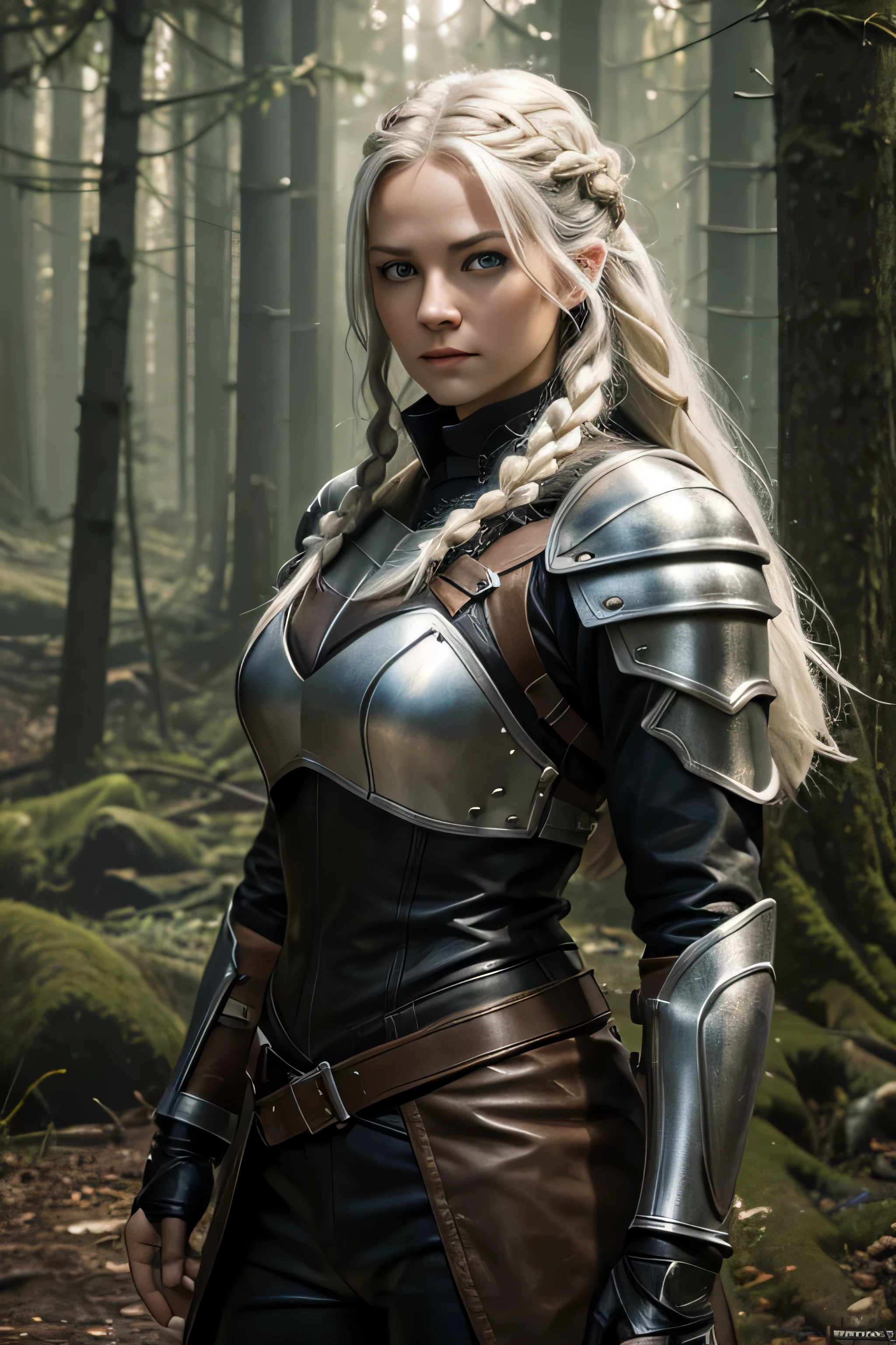 1 female ranger, age 30, long white hair, braided hair, grey eyes, eyes have the same color, average face, wearing leather armor, pictures shows person upper body, forest in the backround, absurdres, high res, ultrasharp, 8K, masterpieceThe image should be of absurd resolution and high detail. It should be ultra-sharp and available in 8K resolution, representing a masterpiece in image quality.