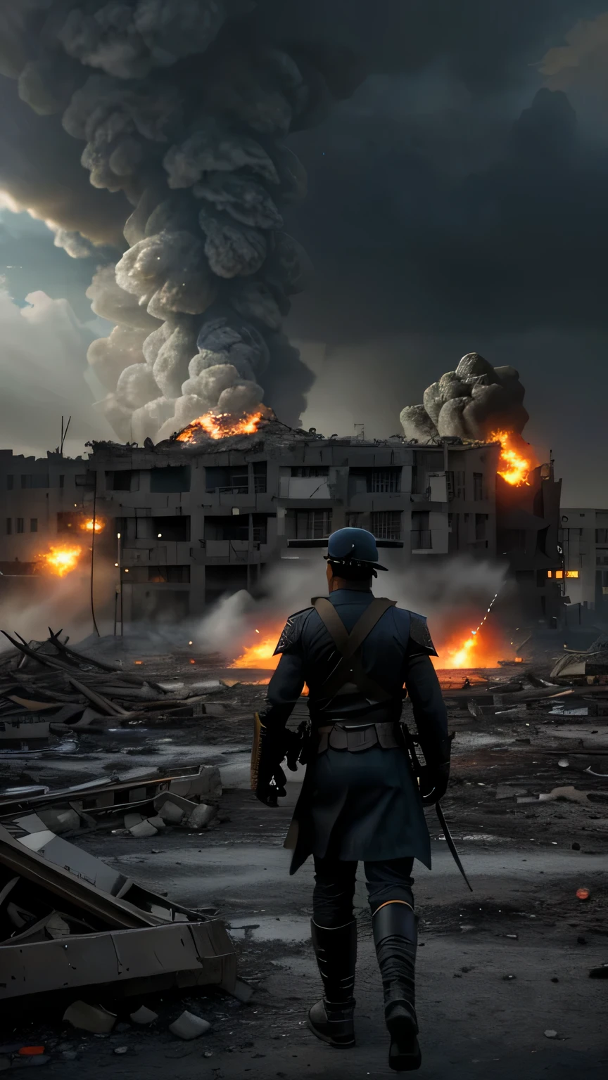 and cities were reduced to rubble. The chaos and devastation paved the way for fierce battles and heroic acts of valor. The intense warfare unfolded on vast landscapes, with smoke-filled skies and shattered remnants of once-thriving civilizations. The scenes depict the immense power and destructive force of war, capturing the turmoil and resilience of the human spirit. The artwork showcases realistic, high-resolution imagery (best quality, 4k, 8k, highres, masterpiece:1.2), with ultra-detailed depictions (realistic, photorealistic, photo-realistic:1.37) bringing forth the intricate details of the war-torn environments. The artistic style embraces a cinematic approach, with dynamic compositions and impactful lighting that emphasize the emotions and grandeur of the battles. The color palette leans towards desaturated tones, conveying a somber and melancholic atmosphere, while occasional bursts of red and orange add a sense of intensity. Powerful spotlights cast dramatic shadows, highlighting the destruction and showcasing the juxtaposition between light and darkness. The prompt immerses the viewer in the clash of empires, conveying the magnitude of war and the resilient spirit of humanity amidst the turmoil.【Notice】
The following content is not necessary①(，)The noun modified by the previous sentence is the same as the original sentence，In the following descriptions, the number of times &quot;harden&quot; and &quot;harden&quot; appear as intensity modifiers is limited. In English descriptions, some words are difficult to distinguish as processes or objects.，Therefore, no distinction，Object Description。