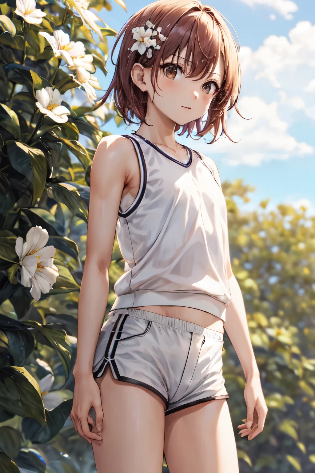 masterpiece, best quality, highres, aamikoto, short hair, hair flower, gym uniform, bare shoulders, sleeveless shirt, white shirt, short shorts, white shorts, standing, cowboy shot, outdoors