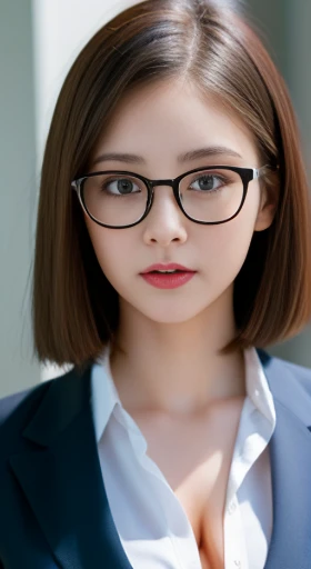 16k, HDR, Natural light, disorganized, Best Quality Masterpiece, Perfect anatomy very detailed face, fine eyes, 1 girl, nsfw, wearing a business suit, (Open blouse), (medium round breasts), (open breasts), cleavage, medium Brunette hair, idols, shining eyes, glasses, close up shots 