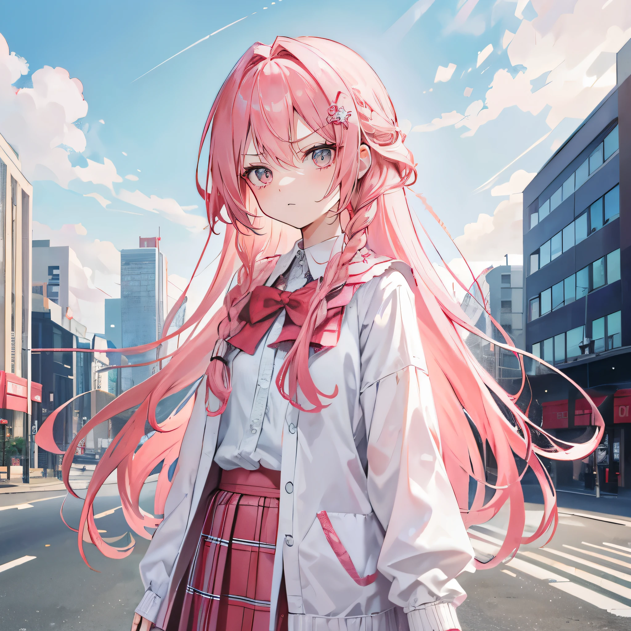 Coral Pink Hair,Not very long hair,Princess cut,There is a small braid,hair between eyes,,gray eyes,feather hair ornament,girl,cute,Plaid skirt,whole body照,whole body,Fingers and arms are not exposed,Background City,Blue sky and white clouds,Very angry expression,Angry look
