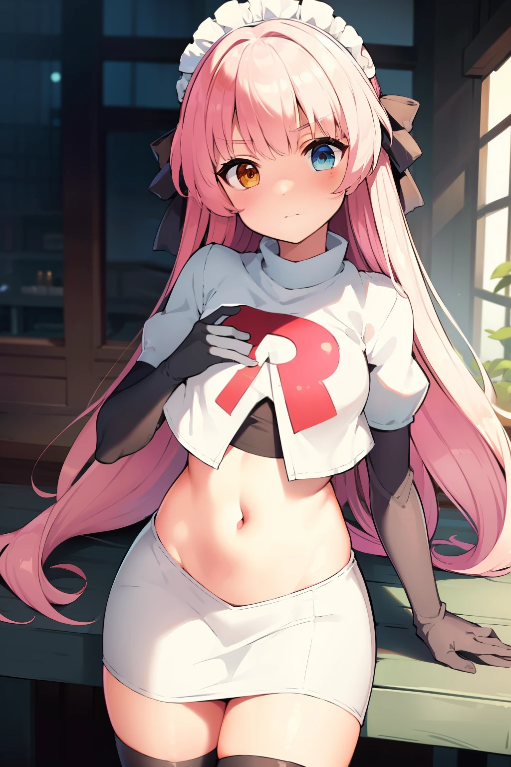 masterpiece, best quality, Eksistere Kyrenia (girl cafe gun),pink hair, long hair, hair bow, maid headdress, hair ornament, (yellow blue heterochromia:1.1), 1girl, solo, team rocket,team rocket uniform, red letter R, white skirt,white crop top,black thigh-highs,black elbow gloves,