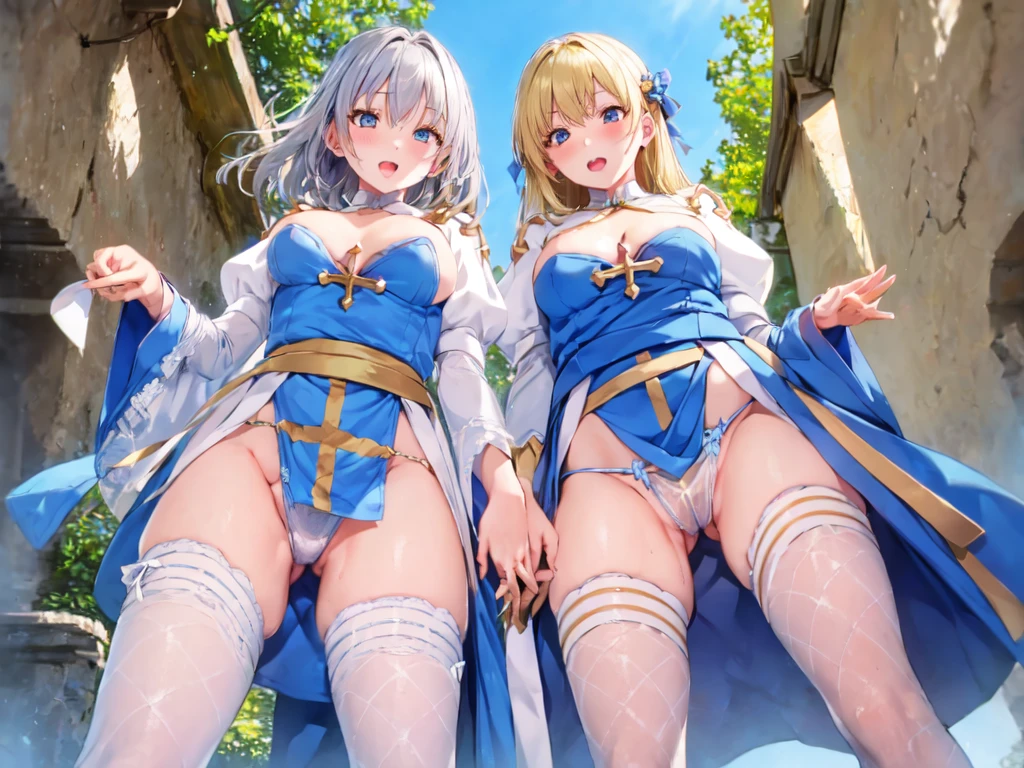 Texture CG, ((Ultra Detail Art)), ((master piece)), (extremely details CG),Multiple girls,3girls,standing ,nsfw ,ragnarokarch, sexy gal , gyaru,beautiful breasts, beautiful legs,(from below:1.2), show off panties ,panty shot, wind lift ,((string panties),(sexy micro bikini white panties)),clothy_aside, clothing aside, clothes lift, pelvic curtain,(((White Puff Sleeves))), white thigh thighs, Gold Sash ,White blue dress from neck to chest, cleavage cutout, Long blue skirt with slit, (Blue Wide Sleeve), (Blue Dress Short Front), long hair, blonde hair, pink hair, silver hair, Curve, Beautiful detailed eyes , gleaming skin, open mouth ,light smile, embarrassed:1.4, outsides ,clear sky, in summer ,windy ,garden,