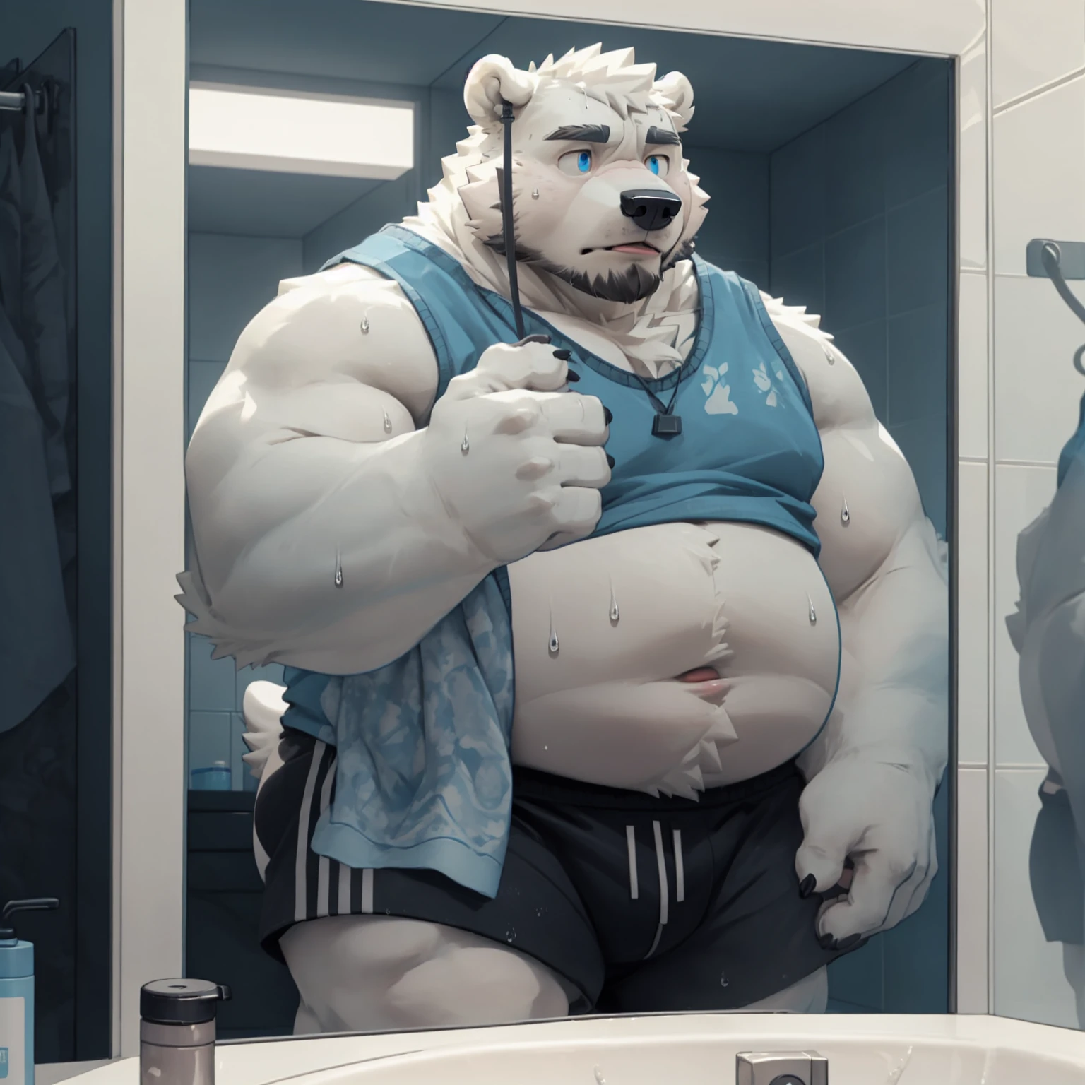 New Jersey 5 Hairy,polar bear，Full body portrait of an individual,exquisite， chubby，Fat，thick arms，Rugged muscles，naked，White plush fur，chubby脸，light blue eyebrows，sky blue eyes，beard，Soaked shorts，sweating，stand，Bathroom room，in the room，Reflection in the mirror
