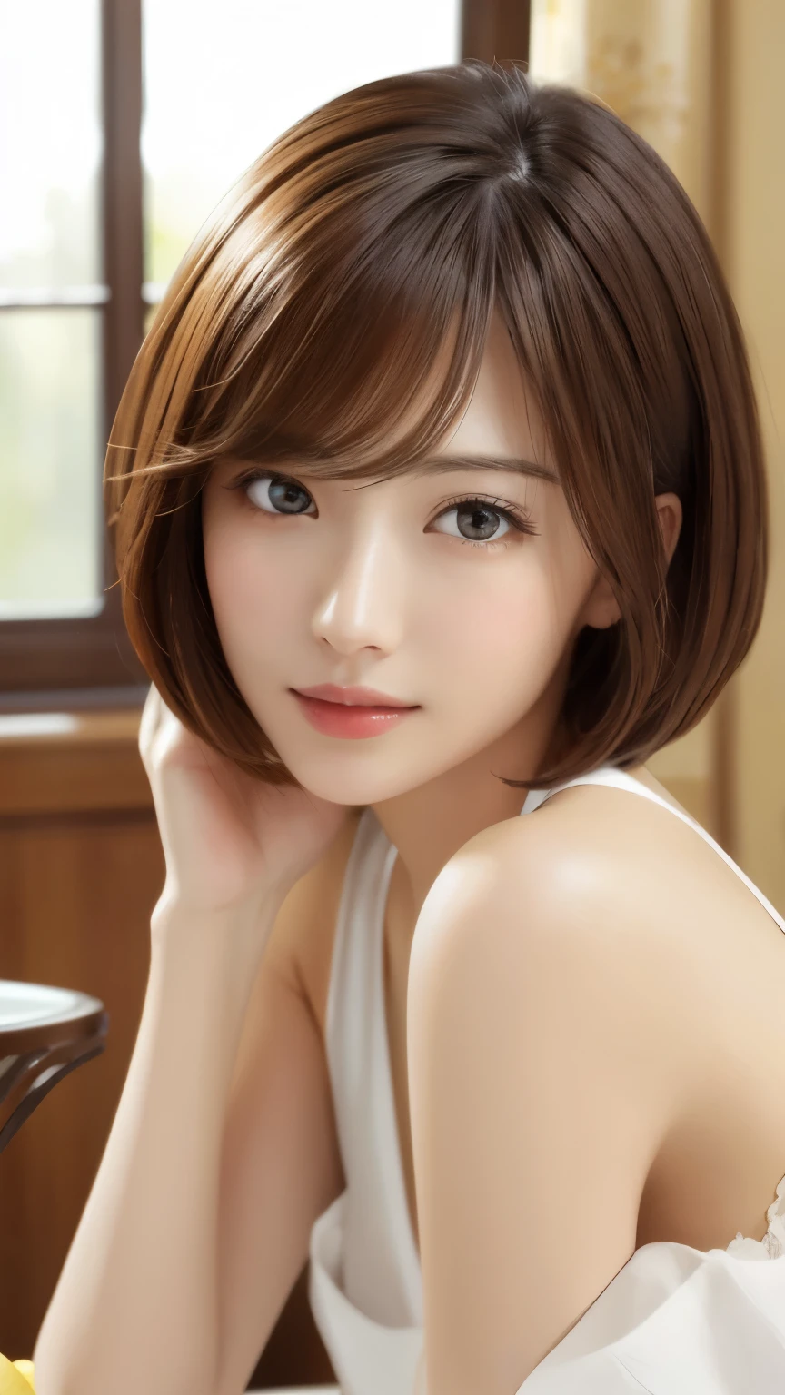 masterpiece、highest quality、High resolution、table top、wallpaper、realistic、bright lighting、professional lighting、face light、smooth lighting、japanese woman、adult、Beautiful woman、action、gravure、sexy、poor、super beautiful、beautiful skin、beautiful and detailed eyes、detailed face、slim、moderately、short hair、brunette colored hair、brown eyes、look at the camera、I have a lemon