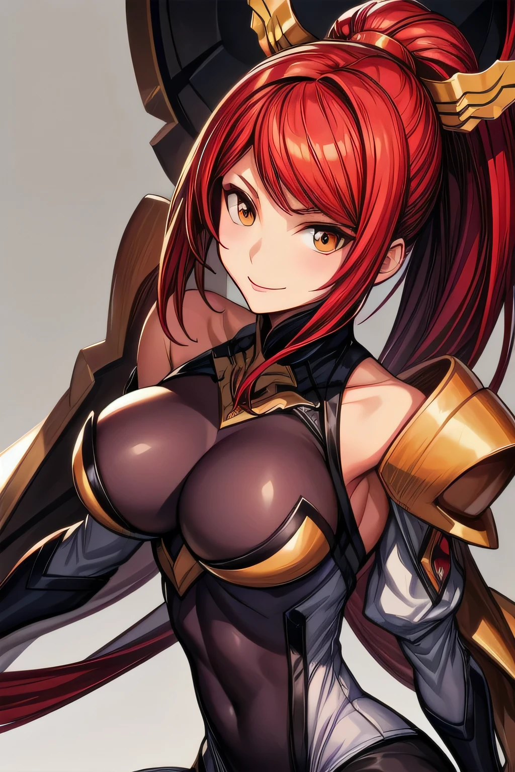 Izayoi (blazblue), orange eyes, red hair, ponytail, long hair, large breasts, armor, bodysuit, boots, skin tight, skirt, thigh boots, thighhighs, 1girl, solo, facing viewer, looking at viewer, upper body, smile, close up