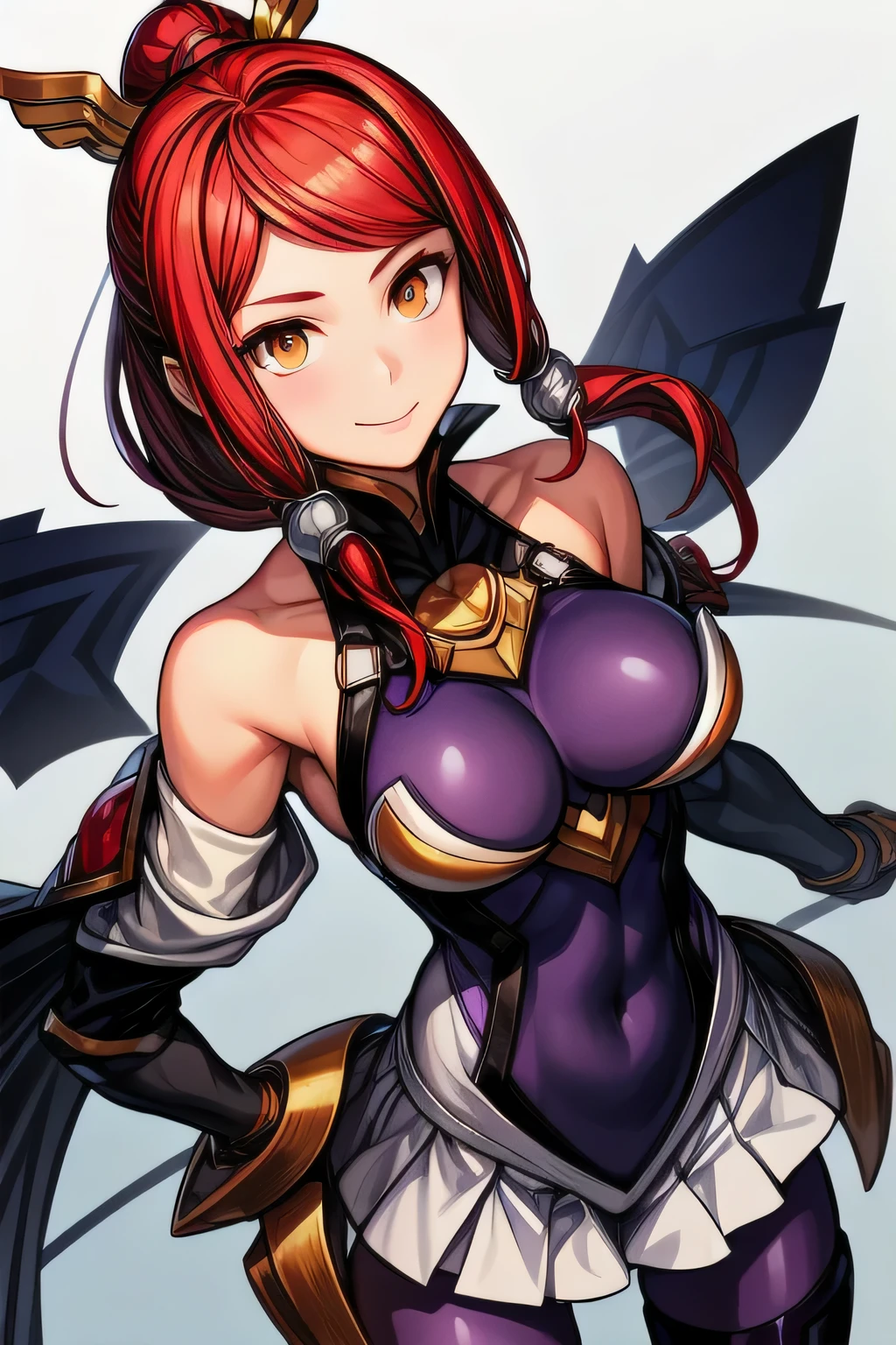 Izayoi (blazblue), orange eyes, red hair, ponytail, long hair, large breasts, armor, bodysuit, boots, skin tight, skirt, thigh boots, thighhighs, 1girl, solo, facing viewer, looking at viewer, upper body, smile, close up