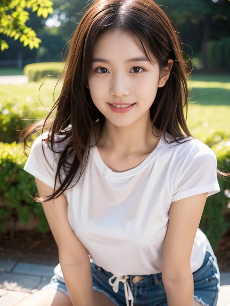 Pure Japanese girl, wearing loose casual uniforms, natural hair styles, sweet smile, sitting relaxed mood, sweet temptation, sexual attractive, refreshing in early summer morning, professional portrait photography, 