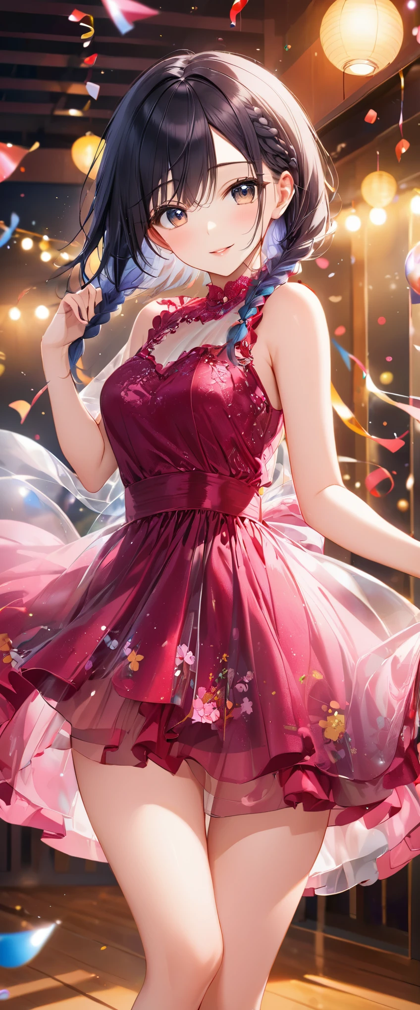 (masterpiece,highest quality,超A high resolution),japanese woman, (((Very beautiful 25 year old girl))), pretty girl、look at the photographer、 ((Beautiful braids)), super cute face, glossy lips, double eyelids in both eyes,natural smile、 natural makeup, long eyelashes, Shiny and smooth hair、, perfect limbs, perfect anatomy,(((party dress))、party venue,Pose with movement,black hair,See-through