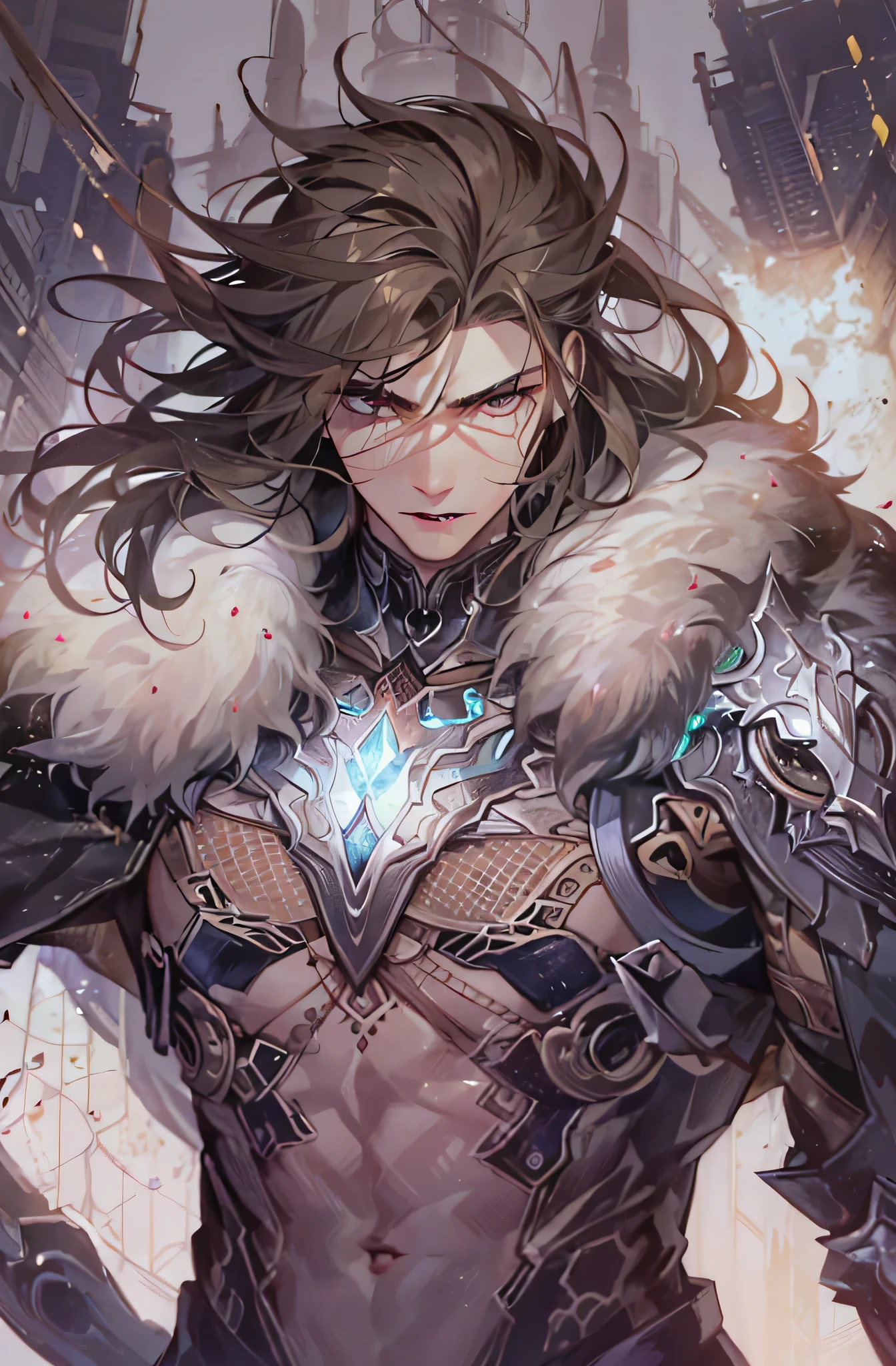 8k, masterpiece, highest quality, best quality, official art, beautiful and aesthetic, extremely detailed, (fractal art: 1.3), colorful, highest detailed, perfect face, athletic upper body, HDR, athletic body, defined muscles, six pack, strong body, slim build, slim waist Detailed face, Detailed eyes, brown eyes, perfect face, perfect eyes, ( 1male, 1 man 1knight, handaome face, long brown hair, sharp jawline, tannned skin, sharp jawline, browm eyes, light armor, hero suit, black lipstick, black eyeshadow, brown hair, wolf cut
