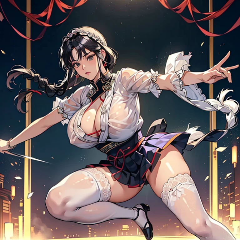 (anime moe style)),((game CG)),(masterpiece),(highest quality), (Super detailed),shape,((very delicate and beautiful)), ,sharp look,looking at the viewer,(((24 year old female)),((whole body)),detailed face and eyes,Intense eyes like jewels,(loosely braided long hair),,,(Super super huge breasts,long and slightly saggy breasts,nipple) plump body black hair, black eyes Dancer, semi-transparent clothing, dynamic dancer, super mini skirt, dancer outfit, Kagura, semi-transparent lace fabric, gorgeous jewelry, black knee socks, sumo stance, legs spread, knees bent