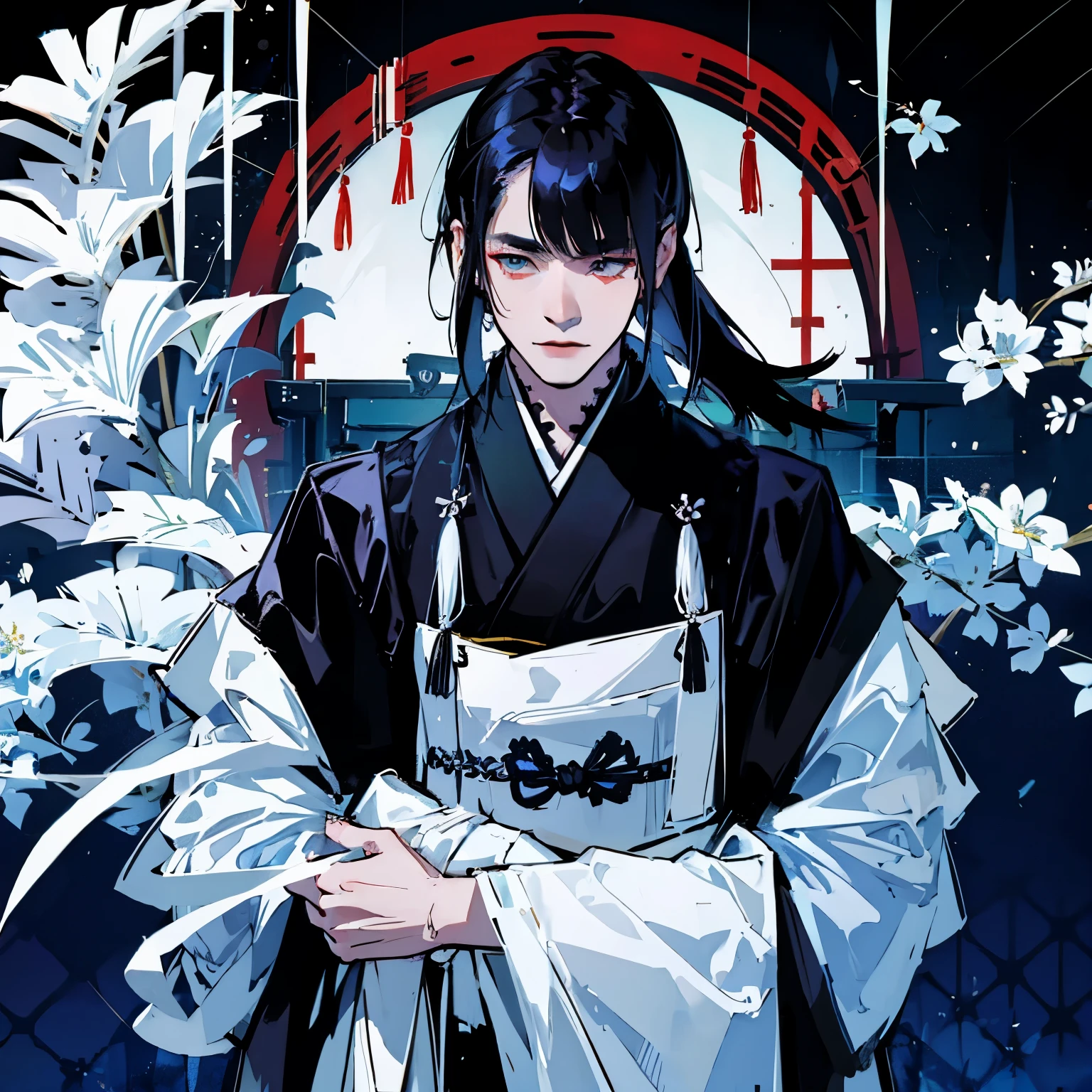 (highest resolution, clear_image), mullet hairstyle men, masterpiece, very detailed, semi-realistic, man in his 20s, black hair, dark blue kimono, White fox mask, In the Japanese summer festival, one person,