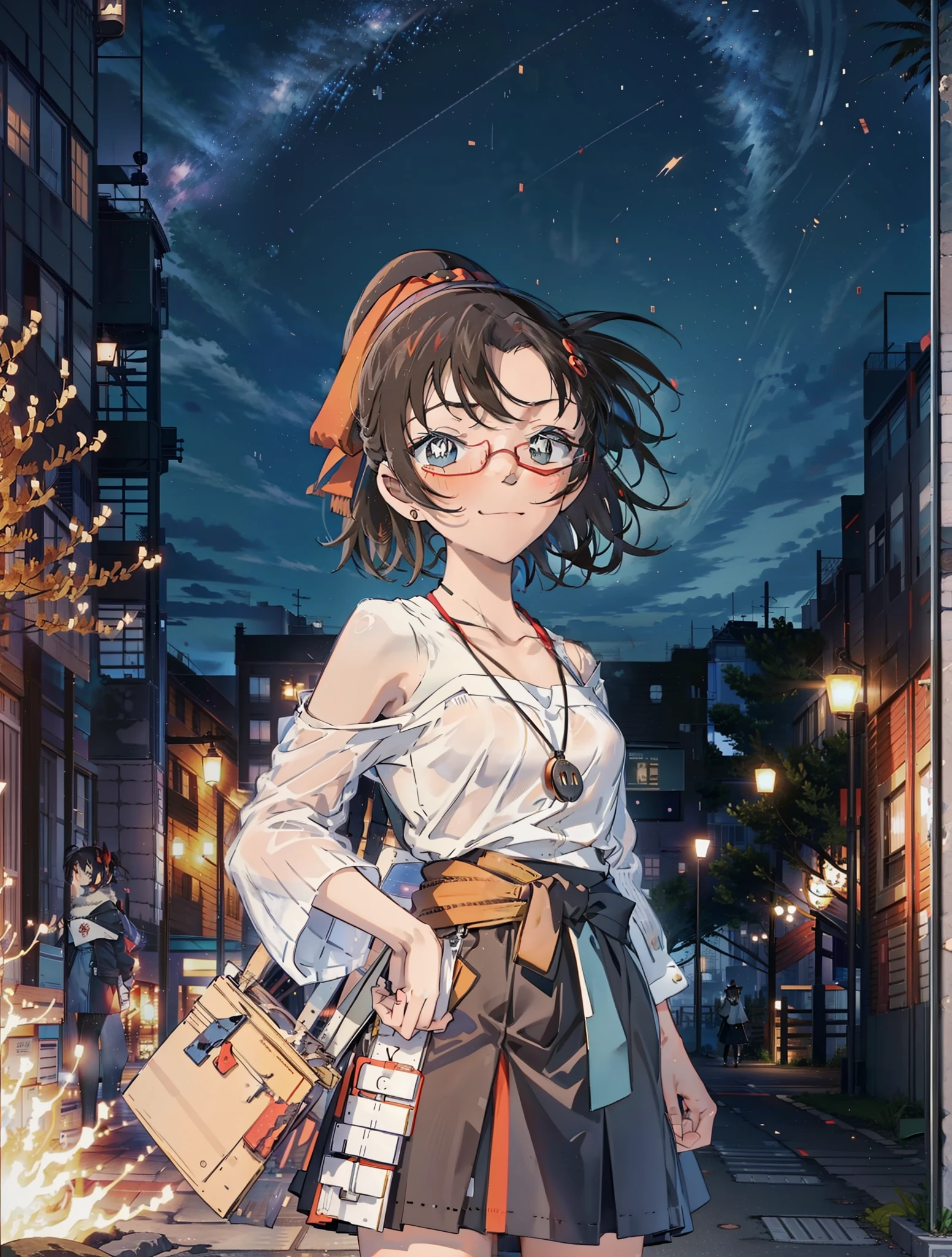 itsukinakano, itsuki nakano, bangs, blue eyes, hair between eyes, Ahoge, redhead, star \(symbol\happy smile, smile, Mouth wide open,embarrassing,blush, hair ornaments, star hair ornaments,Akagi glasses,red off shoulder sweater,bare shoulders,bare clavicle,naked neck,Heart Pendant Necklace,Black long skirt,Mini Boots,put your left hand on your waist,slouch,whole bodyがイラストに入るように,There are many shops,noon,Light of the sun,clear,Looking down from top to bottom,
break outdoors, station,square,
break looking at viewer,whole body (cowboy shot:1.5),
break (masterpiece:1.2), highest quality, High resolution, unity 8k wallpaper, (shape:0.8), (fine and beautiful eyes:1.6), highly detailed face, perfect lighting, Very detailed CG, (perfect hands, perfect anatomy),