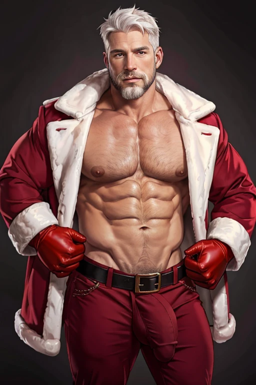 male santa, pectorals, facial hair, solo, 1boy, male focus, bara, muscular male, beard, chest hair, red pants, mature male, large pectorals, short hair, abs, santa costume, white hair, navel hair, nipples, pants, mustache, christmas, bare pectorals, navel, fur trim, gloves, looking at viewer, open clothes, stomach, old man, fur-trimmed jacket, daddy, dadbody, beefy, little chubby, big dick, dick bulge