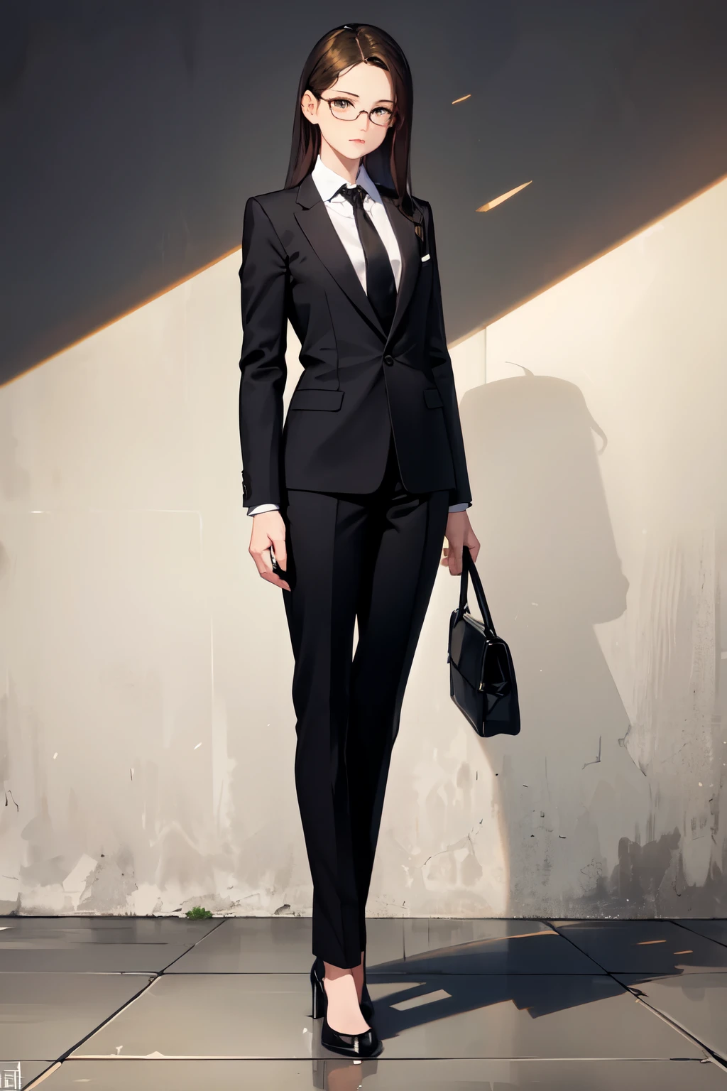 Woman in a black suit and tie standing in front of a wall - SeaArt AI