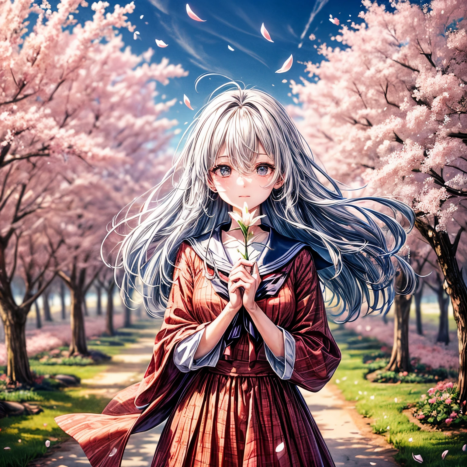 1girl, solo, hair between eyes, closed mouth, standing, flower, outdoors, sky, cloud, tree, petals, floating hair, cherry blossoms, pink flower, (sailor suit), (((face focus))), (((looking at another)))