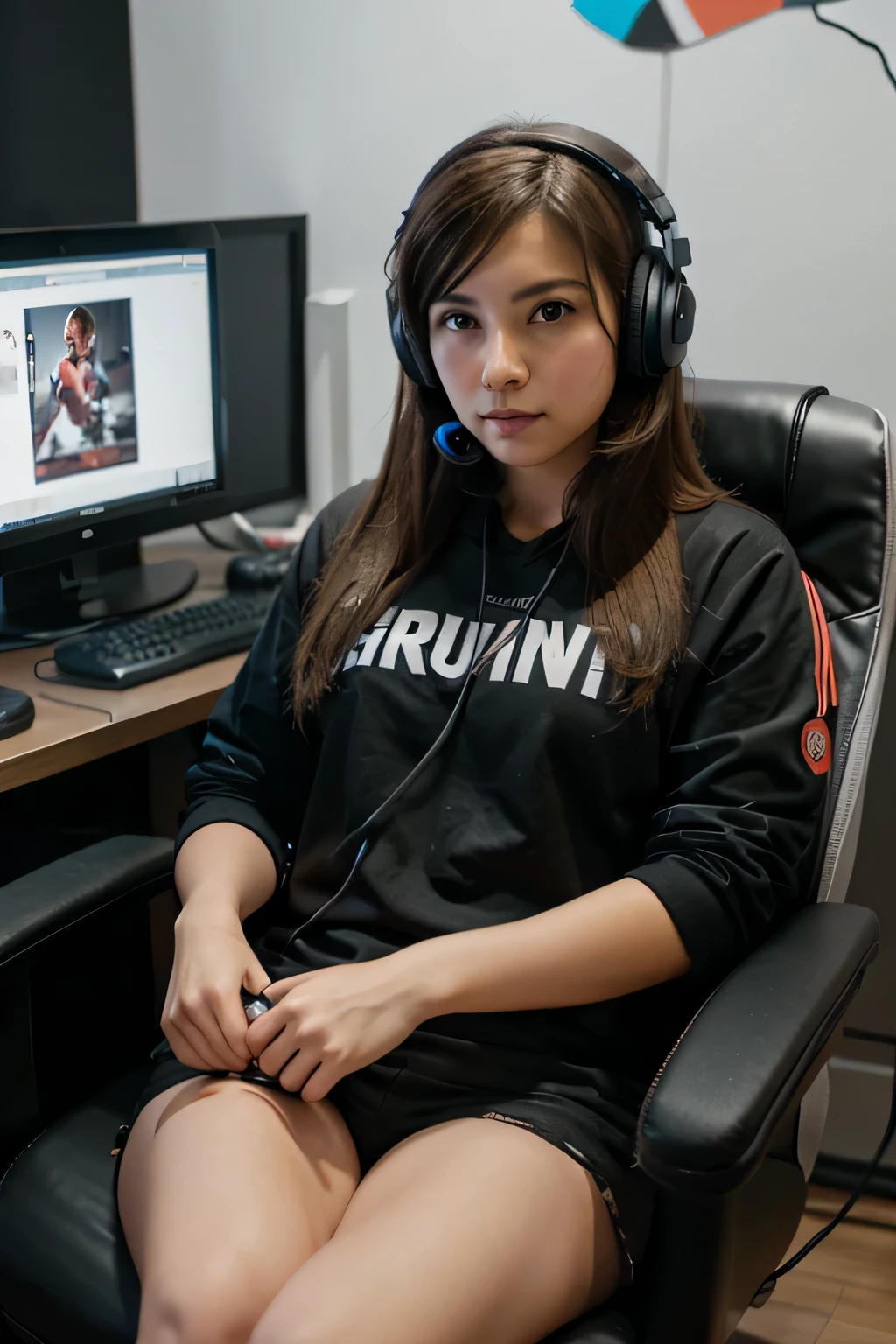 A girl sitting on gaming chair and looking at me and wearing headphones