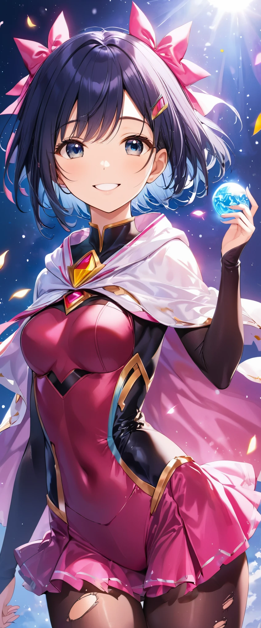 one woman,,((smile)),((micro skirt, bodysuit and short cloak,White and blue)(black hair)((The bodysuit is torn)),Magical Girl Costume